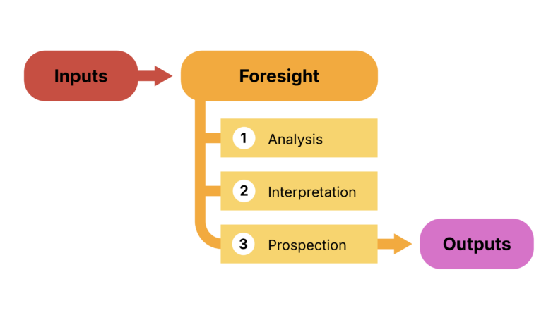 Infographic, that presents a three-step progression. The first step is input, from which an arrow points to a step called foresight. Foresight itself also has three numbered phases: 1. analysis, 2. interpretation, 3. prospection. From prospection, an arrow points to a step called outputs.